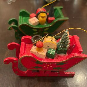 Set of Russ Wood Sled Sleigh ornaments